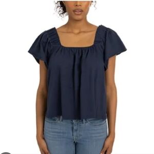 BearPaw Flutter Sleeve Blue Top Women's Large Off The Shoulder Slub Knit Shirt